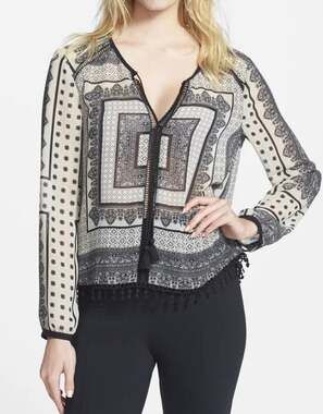 Lush Scarf Print Blouse with Tassels, Size Medium